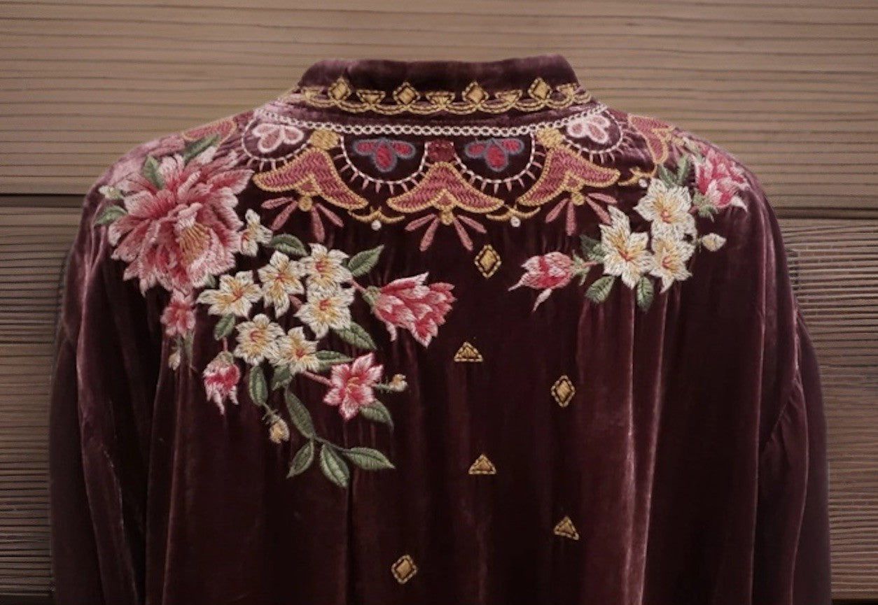 Johnny Was 1X Plus Burgundy Velvet Mini Shift Dress Peasant Tunic Embroidery Johnny Was