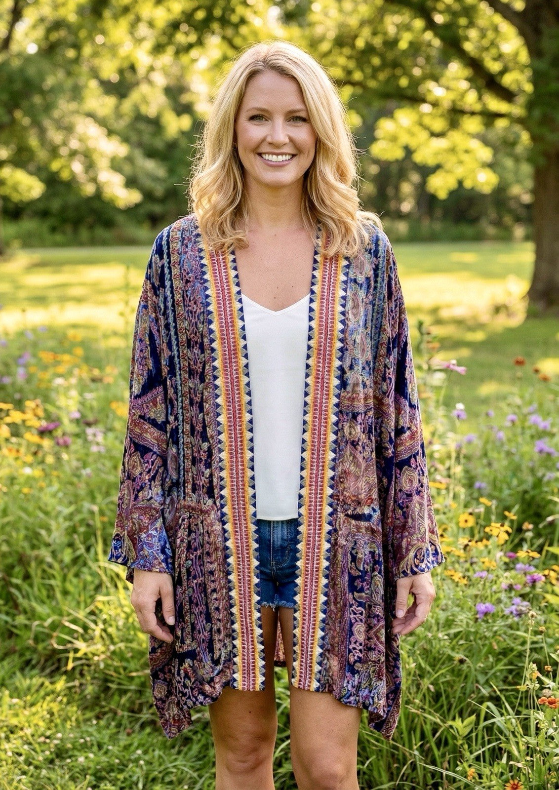 Johnny Was M Medium Burnout Velvet Kimono Duster Wrap Cardigan Jacket Purple Johnny Was