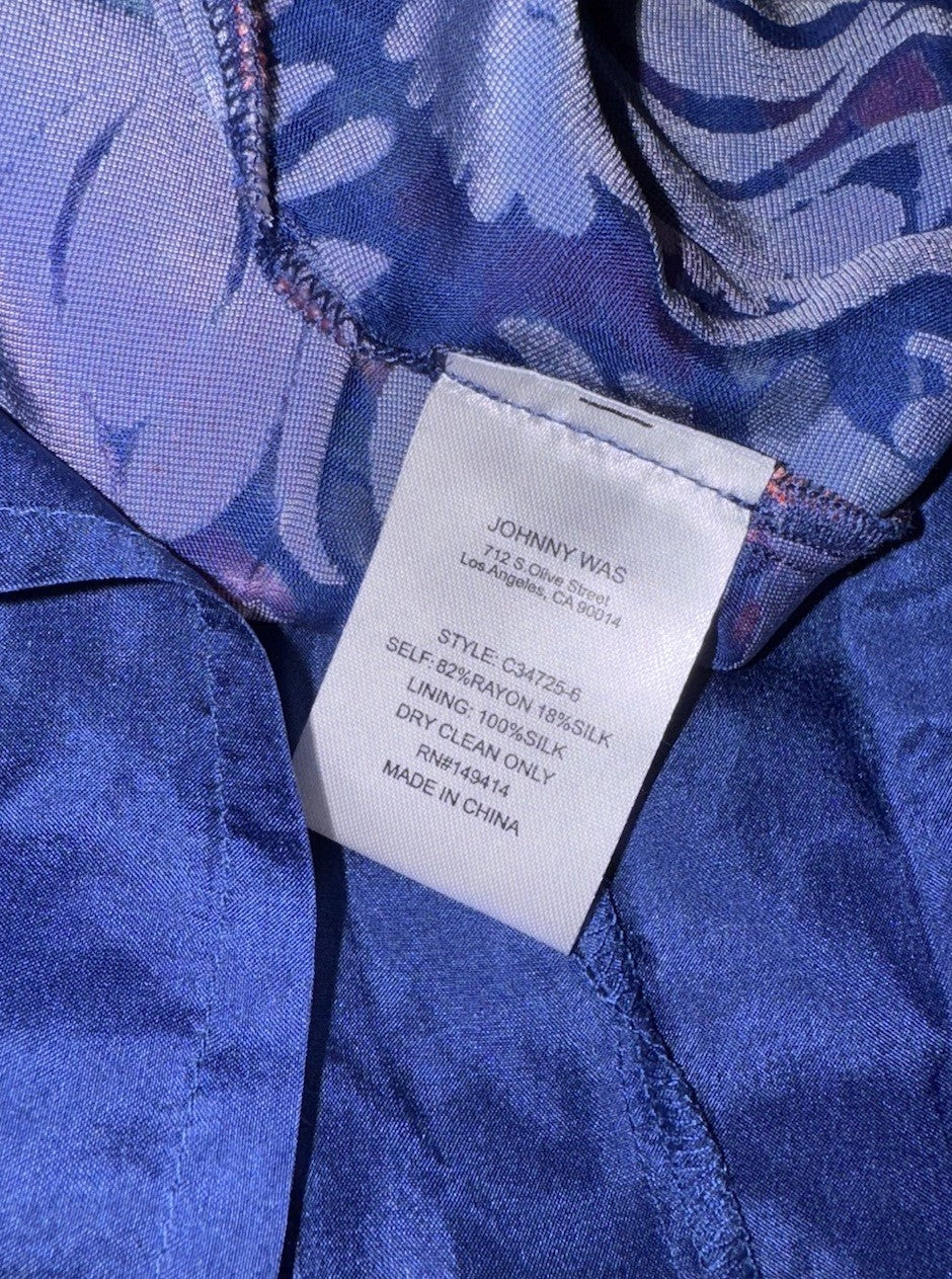 Johnny Was XXL Burnout Velvet Blue & Red Mini Shift Dress Silk Lining $388 Johnny Was