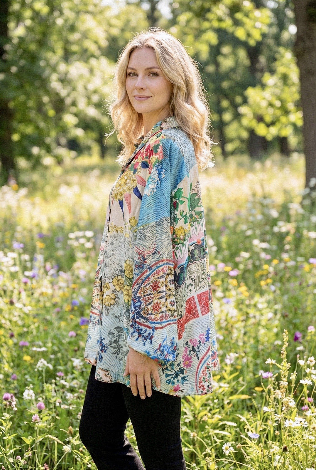 Johnny Was 3X 3XL 100% Silk Button Up Tunic Top Blouse Shirt Kimono L/S Johnny Was