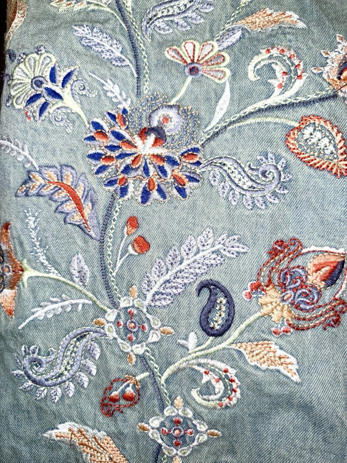 Johnny Was XL Denim Jacket Worker Coat Embroidered Phoenix Bird Light Wash Johnny Was