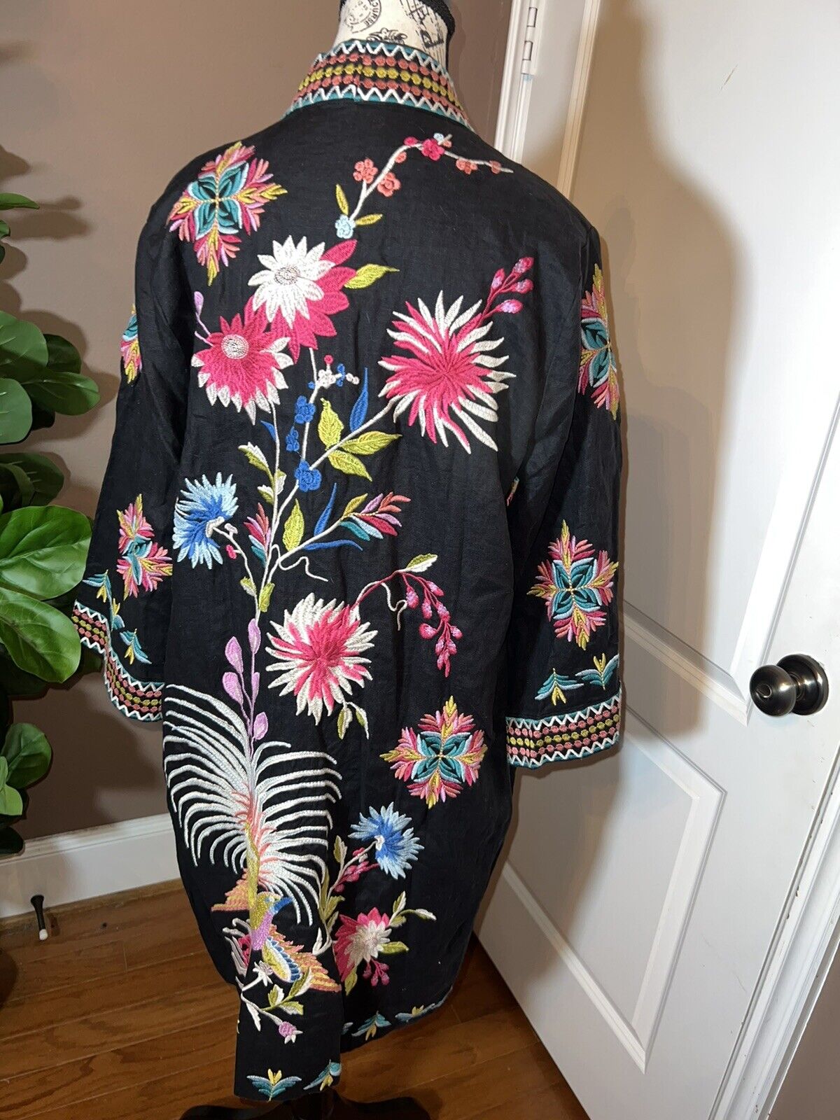 Johnny Was L Large Linen Long Kimono Duster Black Floral Embroidered