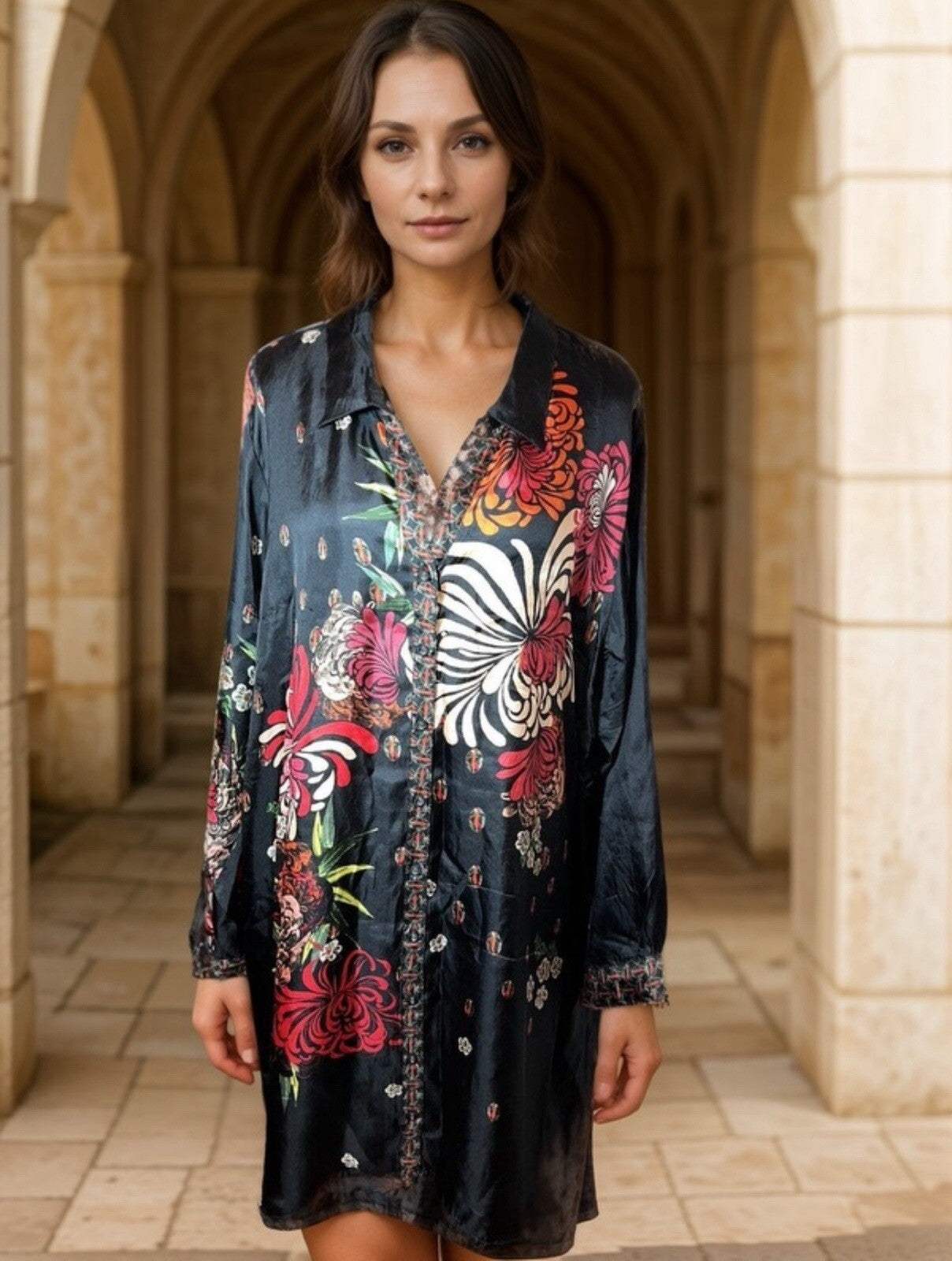 Johnny Was XL 100% Silk Black & Red Floral Blouse Button Up Tunic Top Mini Dress Johnny Was