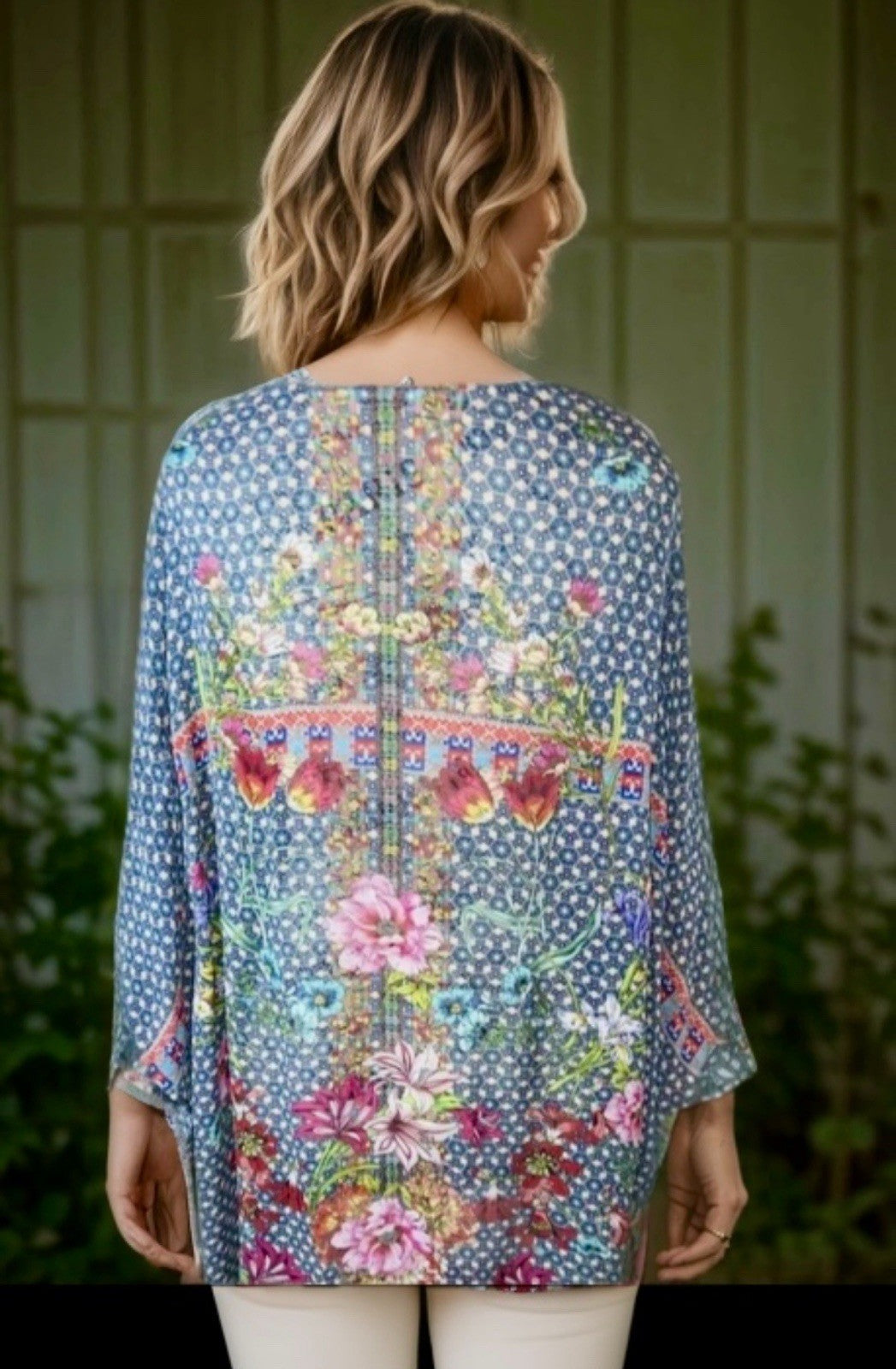 Johnny Was XL 1X 100% Silk Navy Floral Kimono Wrap Cover Up Top Blouse Cool BOHO Johnny Was