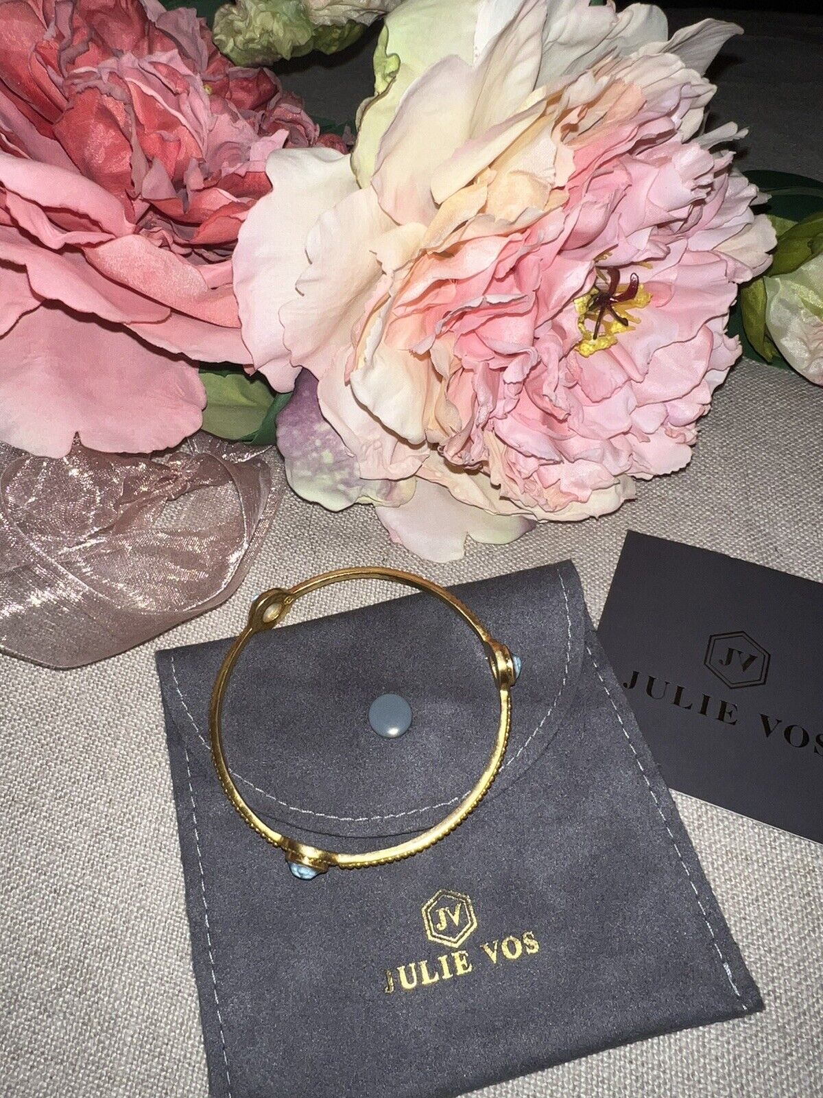 NEW Julie Vos Iridescent Blue 3 Station Bangle Bracelet 24k Gold Plated NWOT