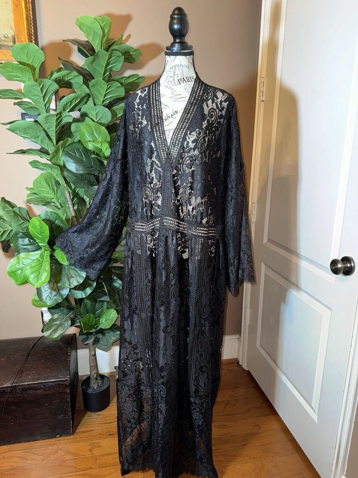 Johnny Was Large Black Lace Long Maxi Dress Kimono Sleeves Empire Waist