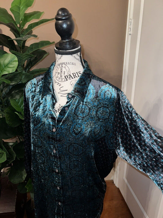 Johnny Was Turquoise Green Velvet Tunic Top Long Sleeve Button Up Sz M Medium