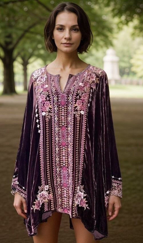 Johnny Was XL Wine Velvet Peasant Blouse Embroidered Tunic Top Kimono Sleeve Johnny Was