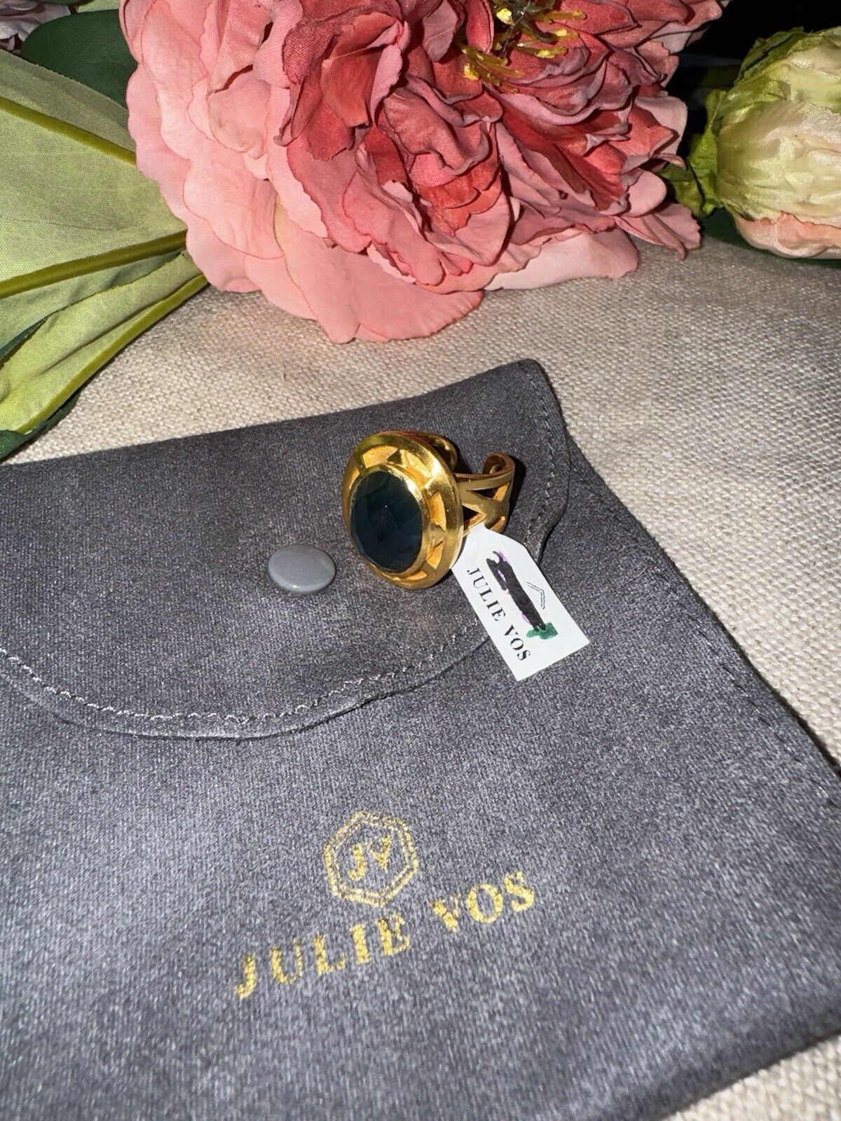 NEW Julie Vos Ring Deep Ocean Blue & 24k Gold Plated Sz 8 ADJUSTABLE NWT RARE