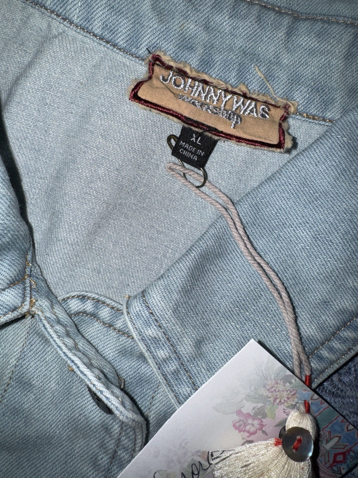 Johnny Was XL Denim Jacket Shacket Coat Embroidered Blue Light Wash Johnny Was