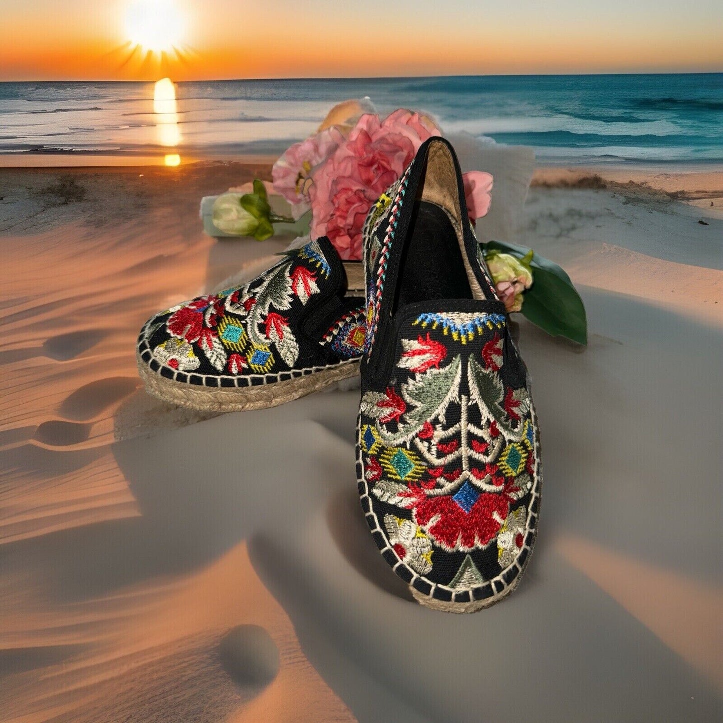 Johnny Was Black Floral Embroidered Espadrilles Sz 37 US 7  Worn Once!