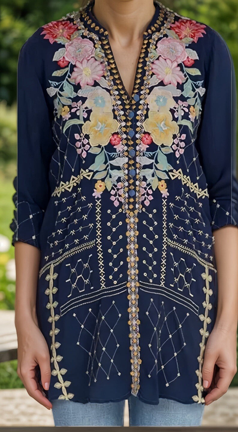 EuC Johnny Was L Large Blue Embroidered Tunic Top Mini Dress Floral RETIRED Johnny Was