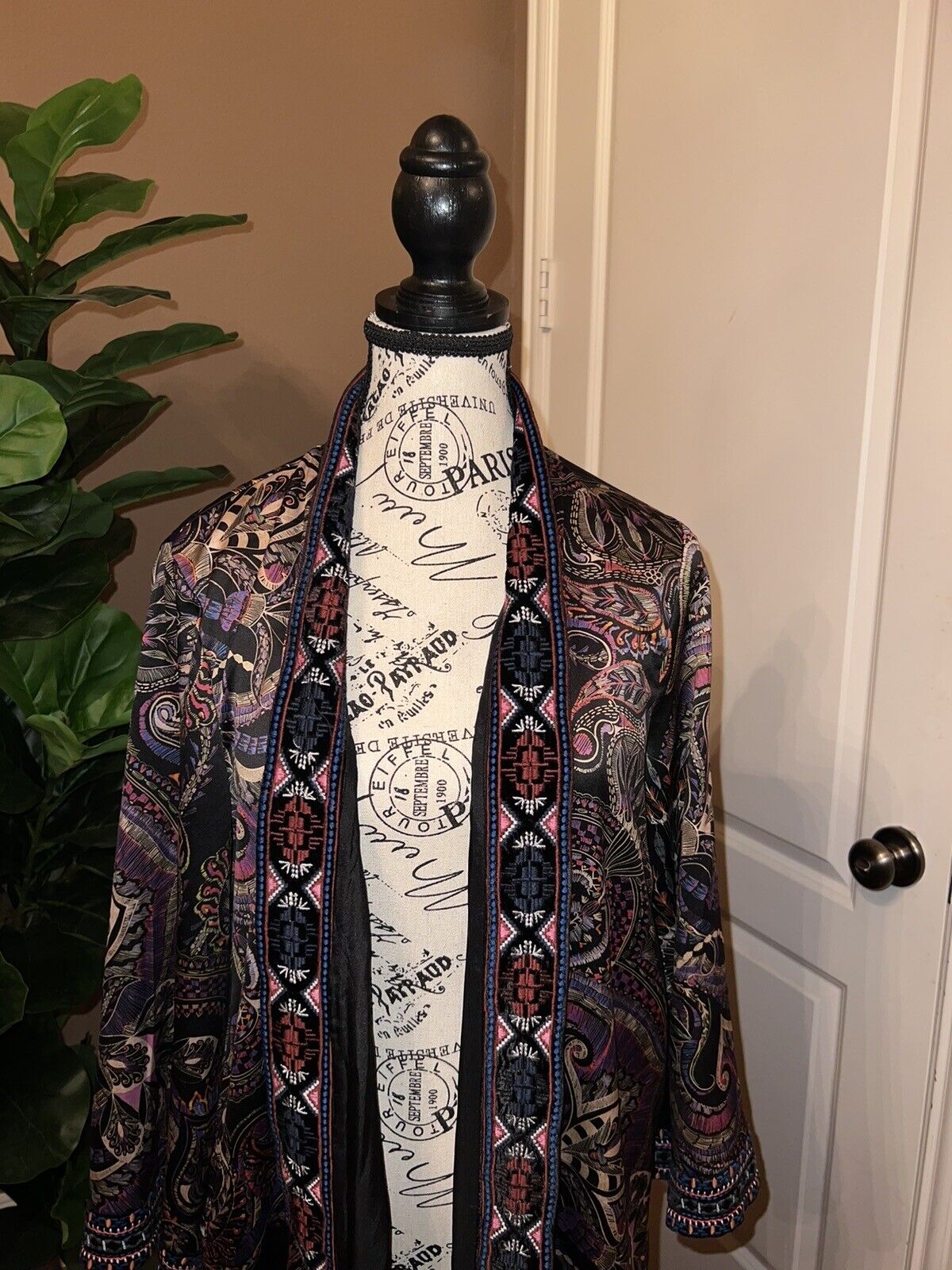 Johnny Was Velvet Silk Mix Long Kimono L Large  Embroidered Wrap