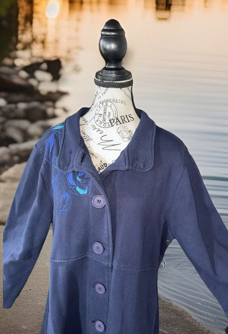 Johnny Was XL Blue Military Trench Coat Jacket Navy W/ Embroidery  Soft Johnny Was