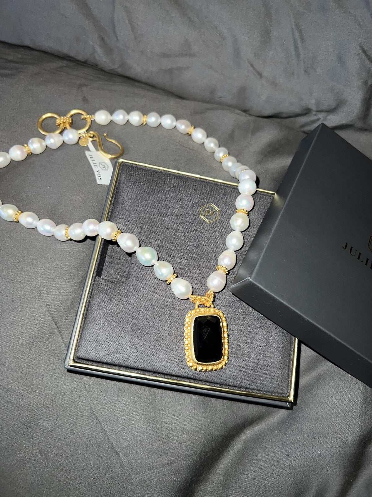 Julie Vos Freshwater Pearl & Obsidian 24k Gold Plate Statement Necklace WOW! Julie Vos