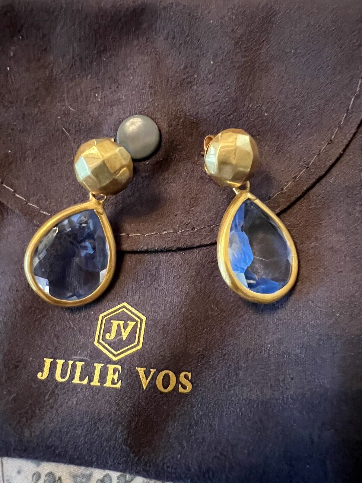 NEW Julie Vos Iridescent Blue Crystal Dangle Tear Drops Pierced Earrings  NWOT