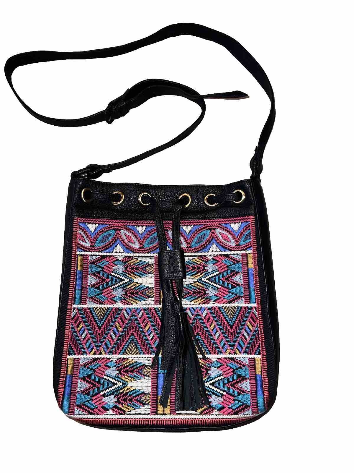 Johnny Was Black Leather Tote Bag Purse Crossbody Beautiful Embroidery Johnny Was