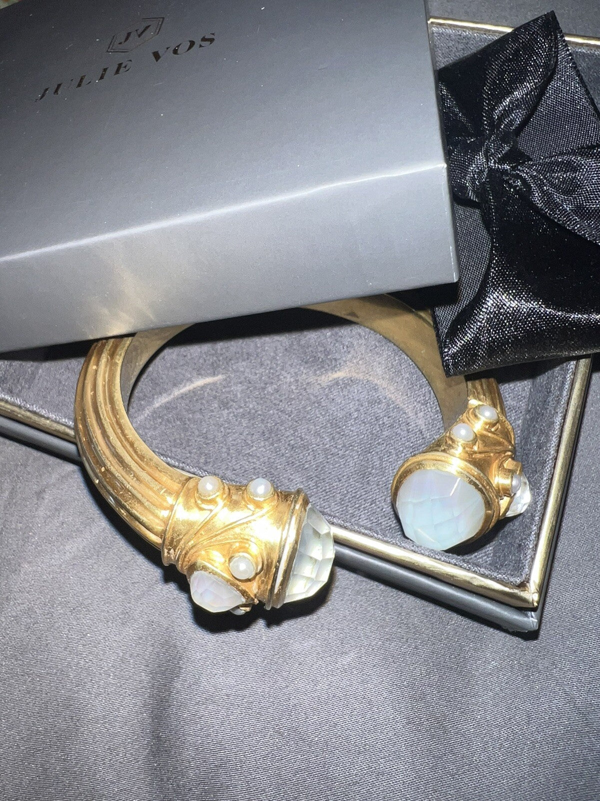 Julie Vos Large Bangle Bracelet Cuff Hinged Iridescent Clear Stones & Pearls Julie Vos