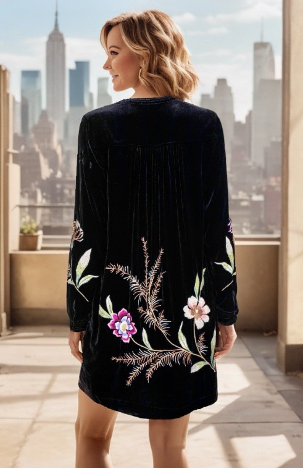 Johnny Was L Black Velvet Mini Shift Dress Tunic Top Floral Embroidery Boho Johnny Was