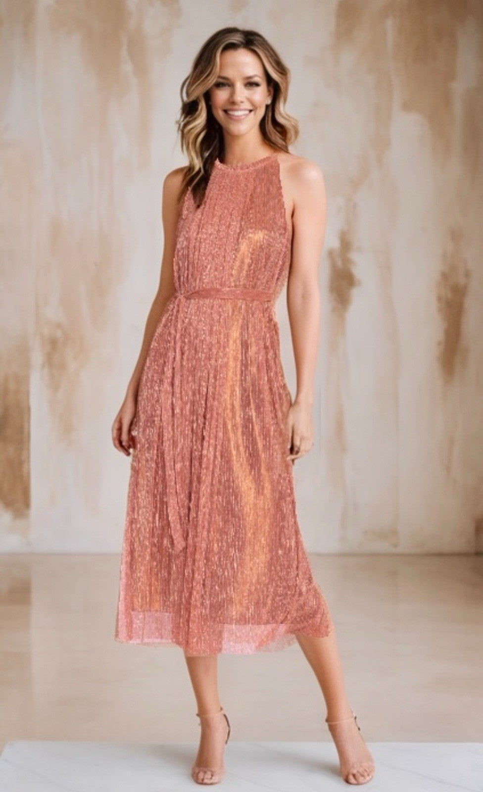 Johnny Was XL Rose Gold Pink Melon Cocktail Party Dress Sleeveless Tie Waist Johnny Was