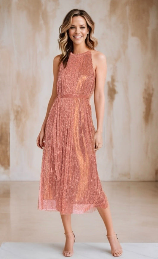 Johnny Was XL Rose Gold Pink Melon Cocktail Party Dress Sleeveless Tie Waist Johnny Was