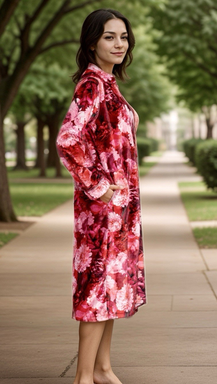 Johnny Was L Large Red Roses Zip Up Robe Bathrobe Housecoat Soft & Warm Johnny Was