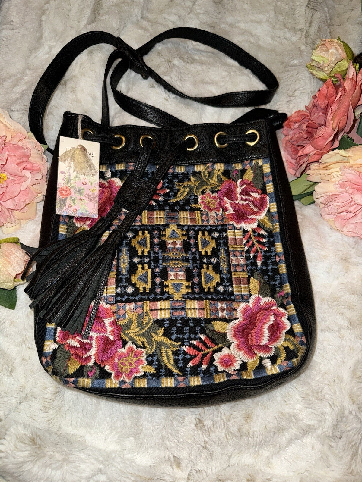 Johnny Was Black Leather Tote Bag Purse Crossbody Hobo Bucket Tassels Johnny Was