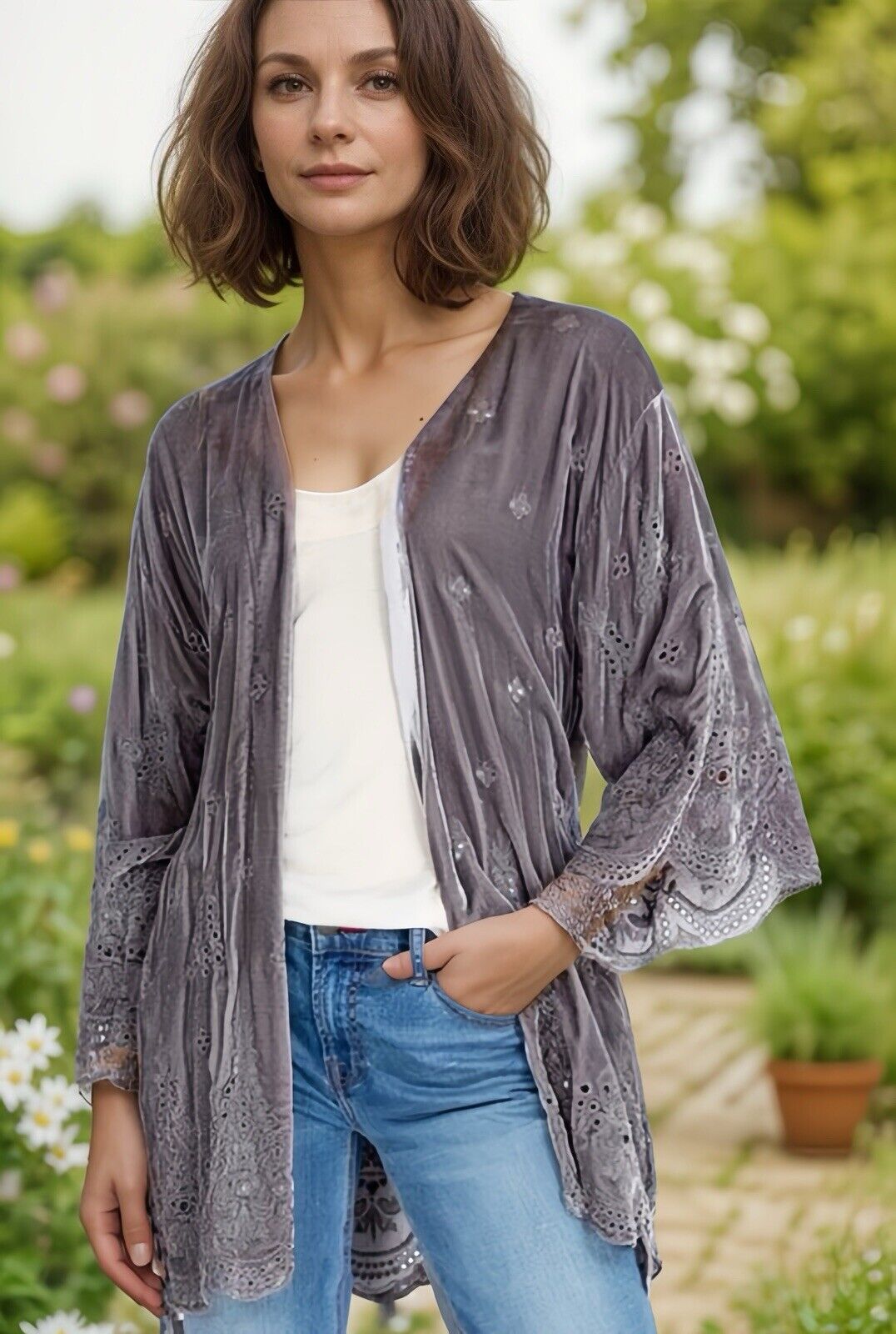 Johnny Was XL Velvet Kimono Cardigan Wrap Jacket Grey Tonal Embroidery