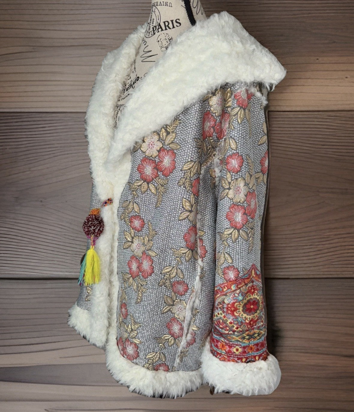 Johnny Was 1X Faux Fur Sherpa Coat Jacket Wrap Shearling Lined Tassles BOHO Johnny Was