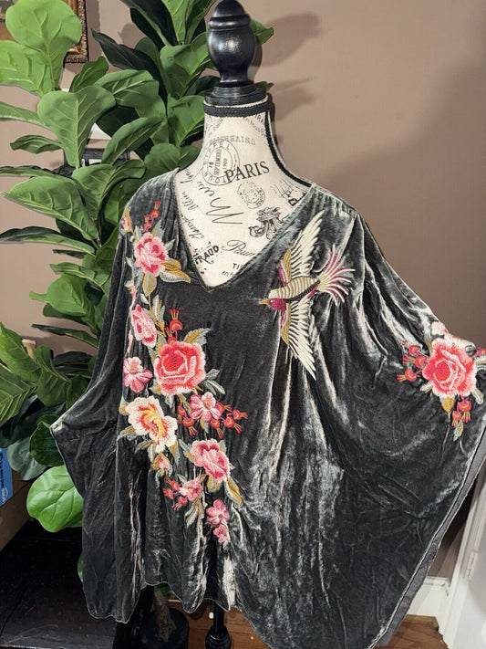 Johnny Was Sz L Large Grey Velvet Embroidered Poncho Tunic Top  Birds