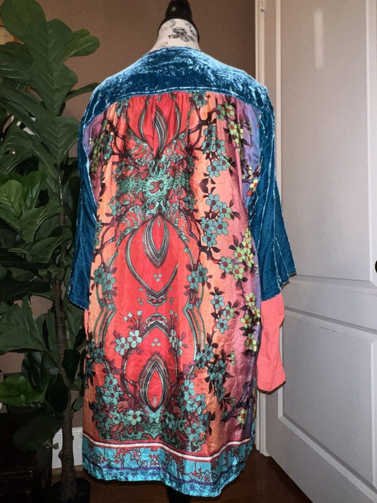 2 pc Johnny Was Teal Blue Velvet & Silk Tunic Top W/ Matching Undershirt L Large