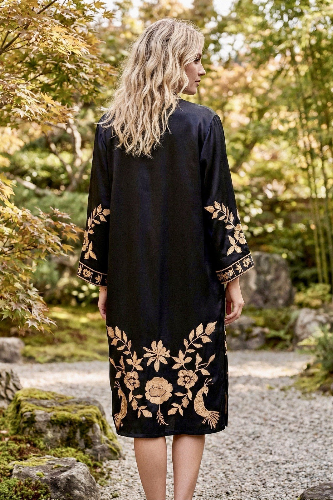 Johnny Was L Black & Gold Long Kimono Duster Embroidered Jacket Coat Wrap Johnny Was