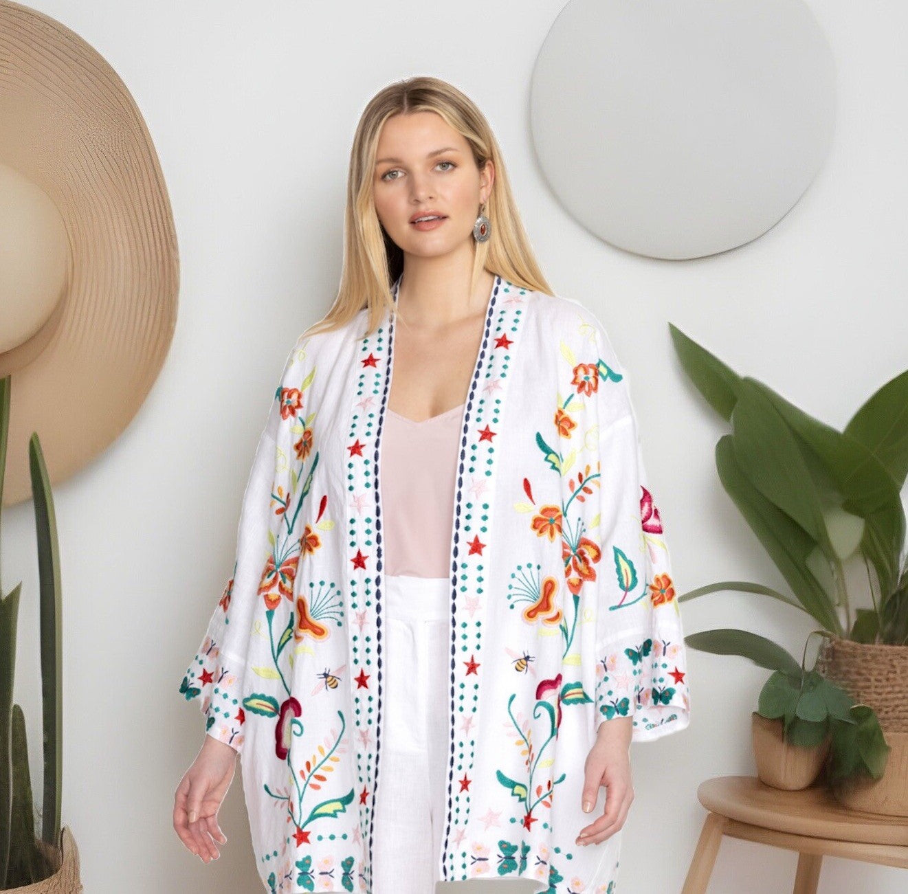 Johnny Was 2X White Linen Kimono Colorful Embroidery Top BOHO Wrap Jacket Johnny Was