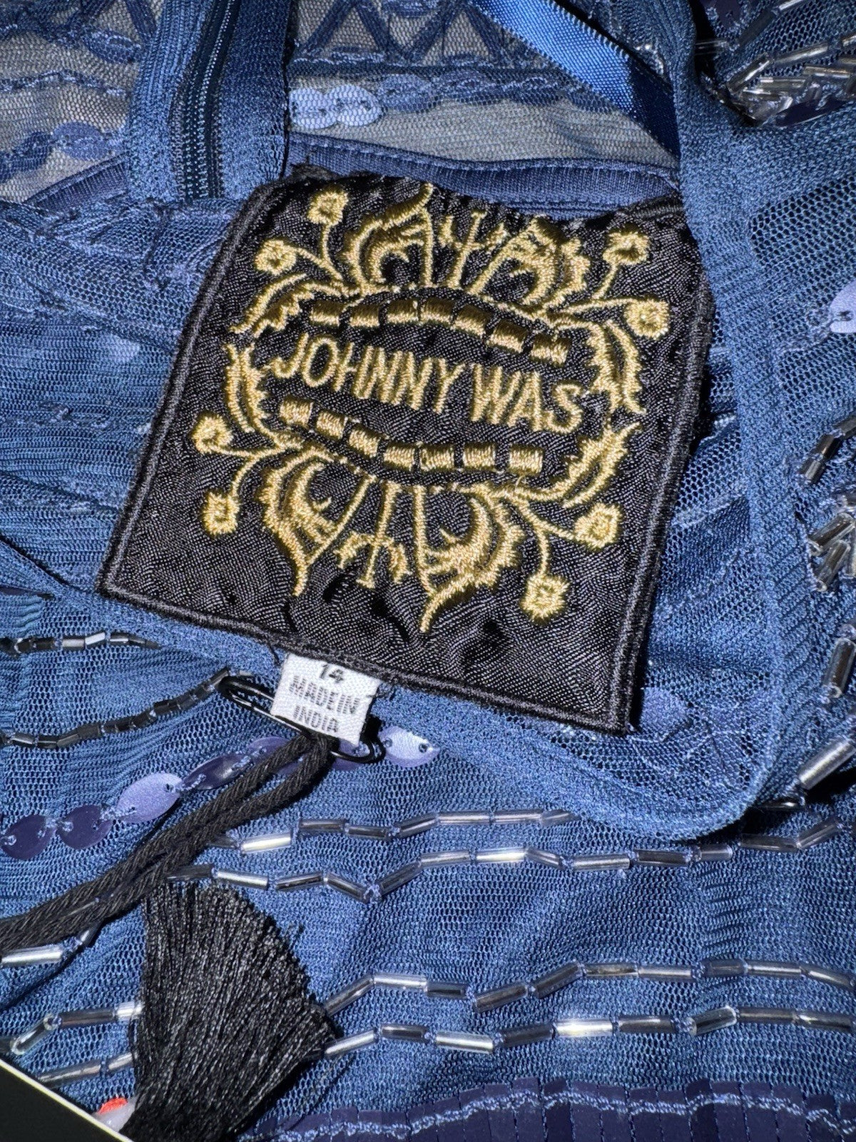 Johnny Was Sz 14 Blue Beaded Mesh Cocktail Party Dress $625 Retail Blk Label Johnny Was