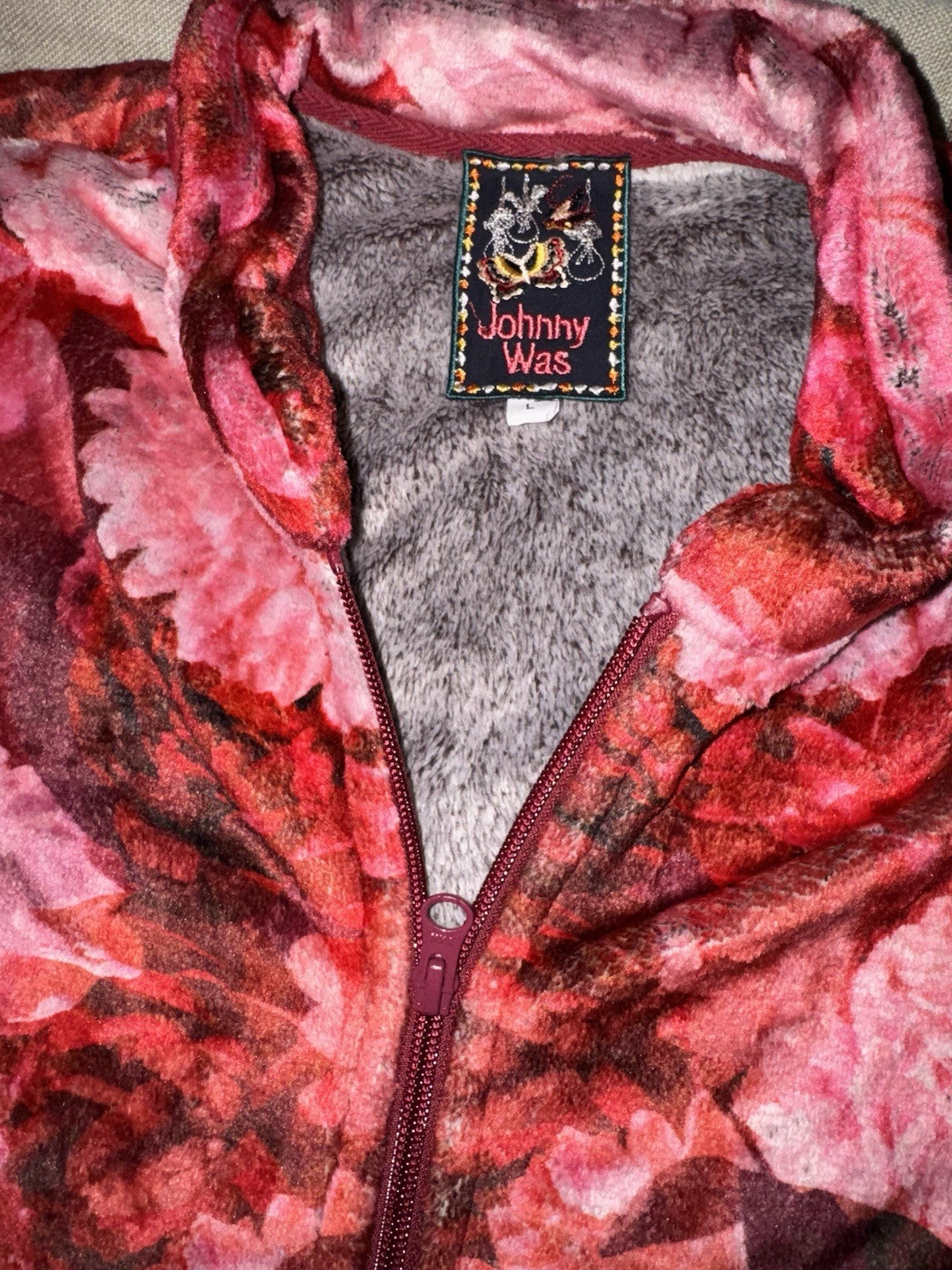 Johnny Was L Large Red Roses Zip Up Robe Bathrobe Housecoat Soft & Warm Johnny Was