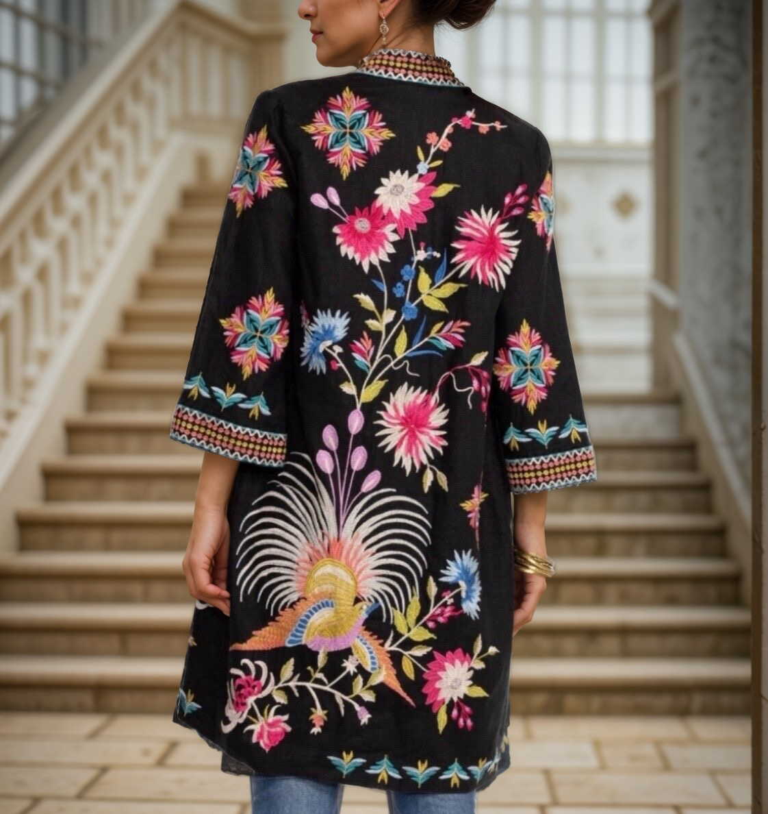 Johnny Was L Large Linen Long Kimono Duster Black Floral Embroidered