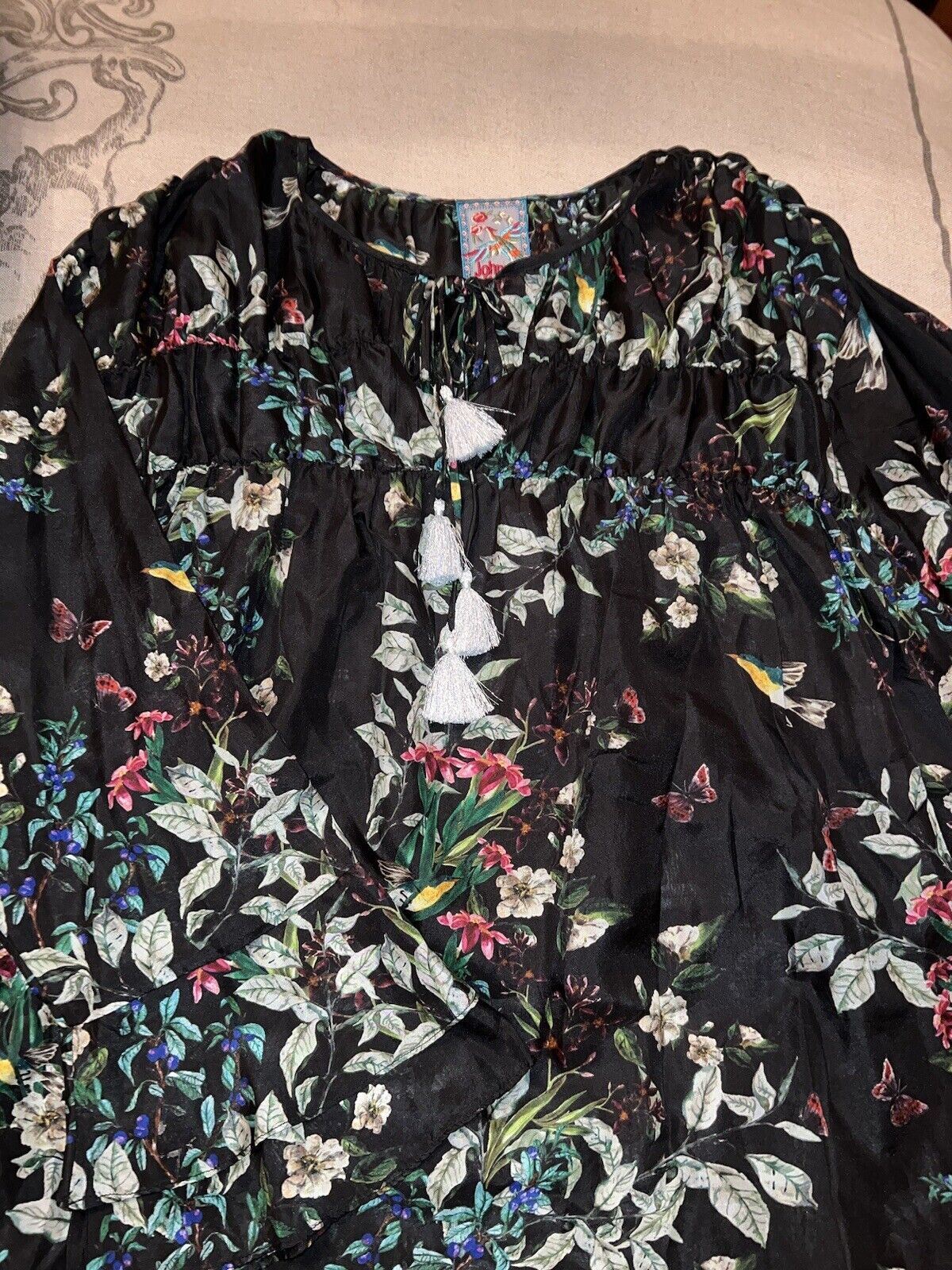 Johnny Was 100% Silk Black Floral Tunic Top Kimono 2X 2XL XXL  Butterfly