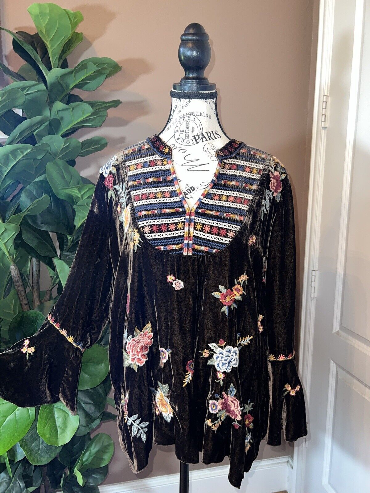 Johnny Was BOHO Brown Velvet Peasant Tunic Top Kimono sleeves L Large