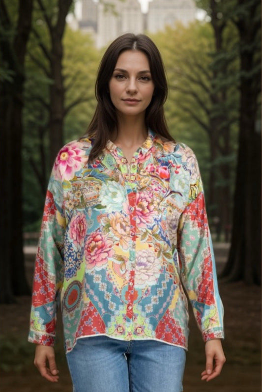 Johnny Was 100% Silk XL Long Sleeve Button Up Blouse Tunic Top Shirt Pastel BOHO Johnny Was