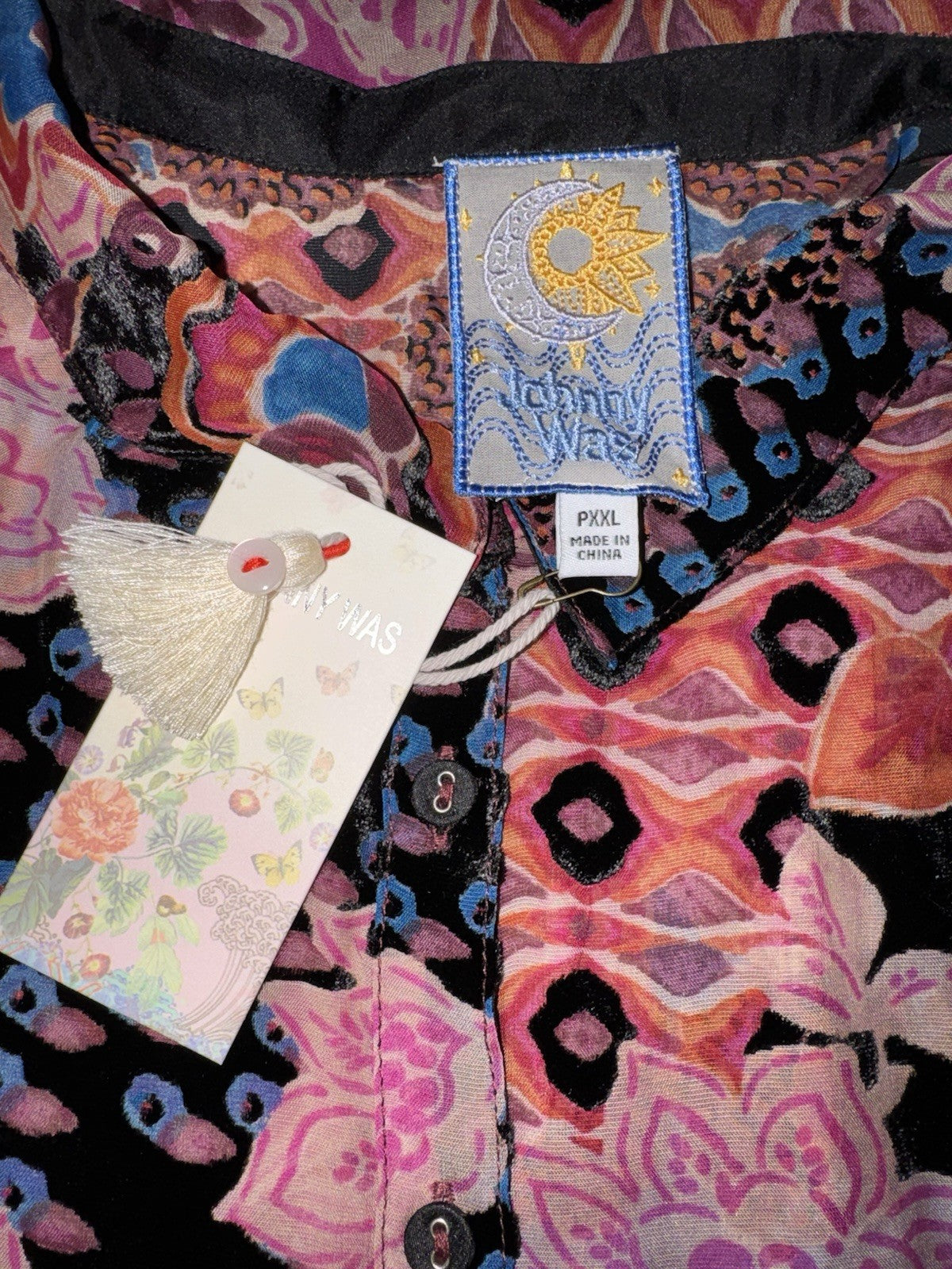 Johnny Was PXXL Petite Burnout Velvet Blouse Pink & Red Button Up Tunic Top Johnny Was