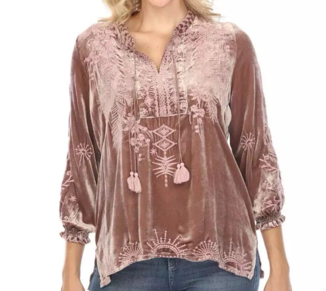 Johnny Was L Large Dusty Rose Pink Velvet Embroidered Tunic Top Peasant Blouse