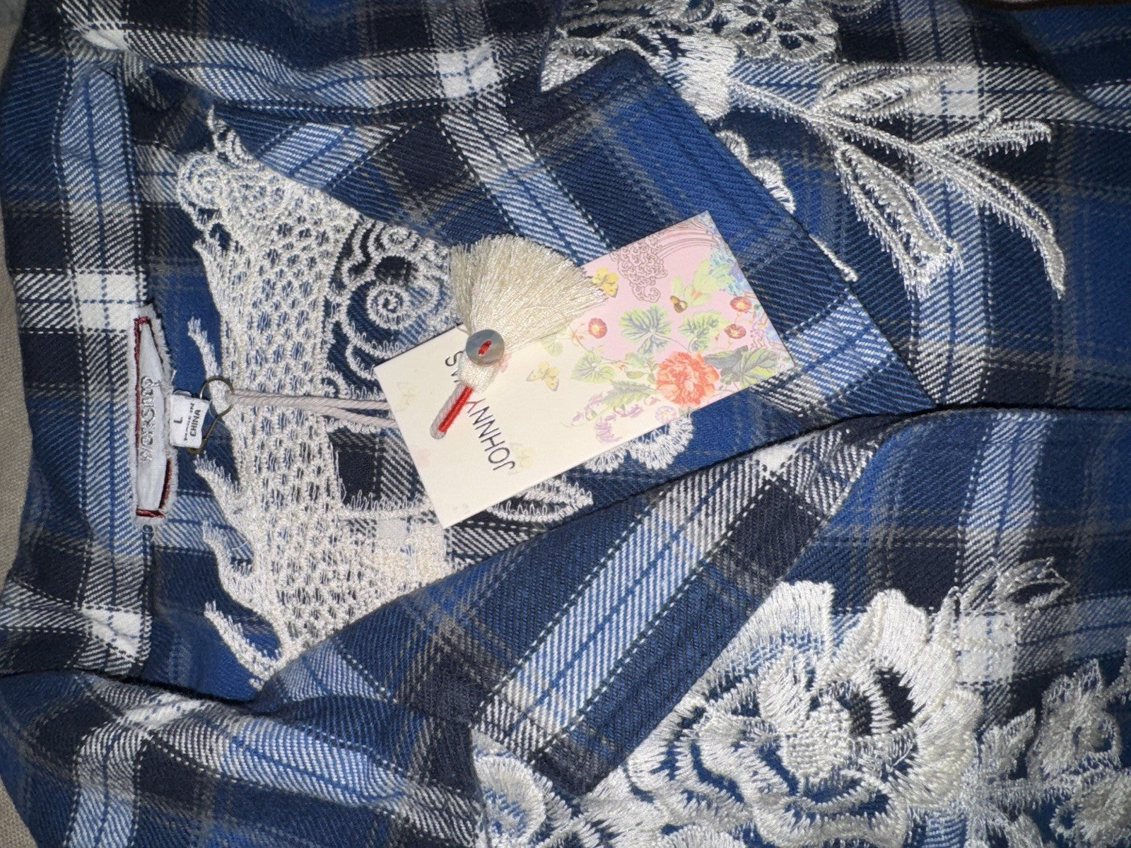 Johnny Was L Large Blue Plaid Trench Coat Jacket MIDI Embroidered Dragon Johnny Was