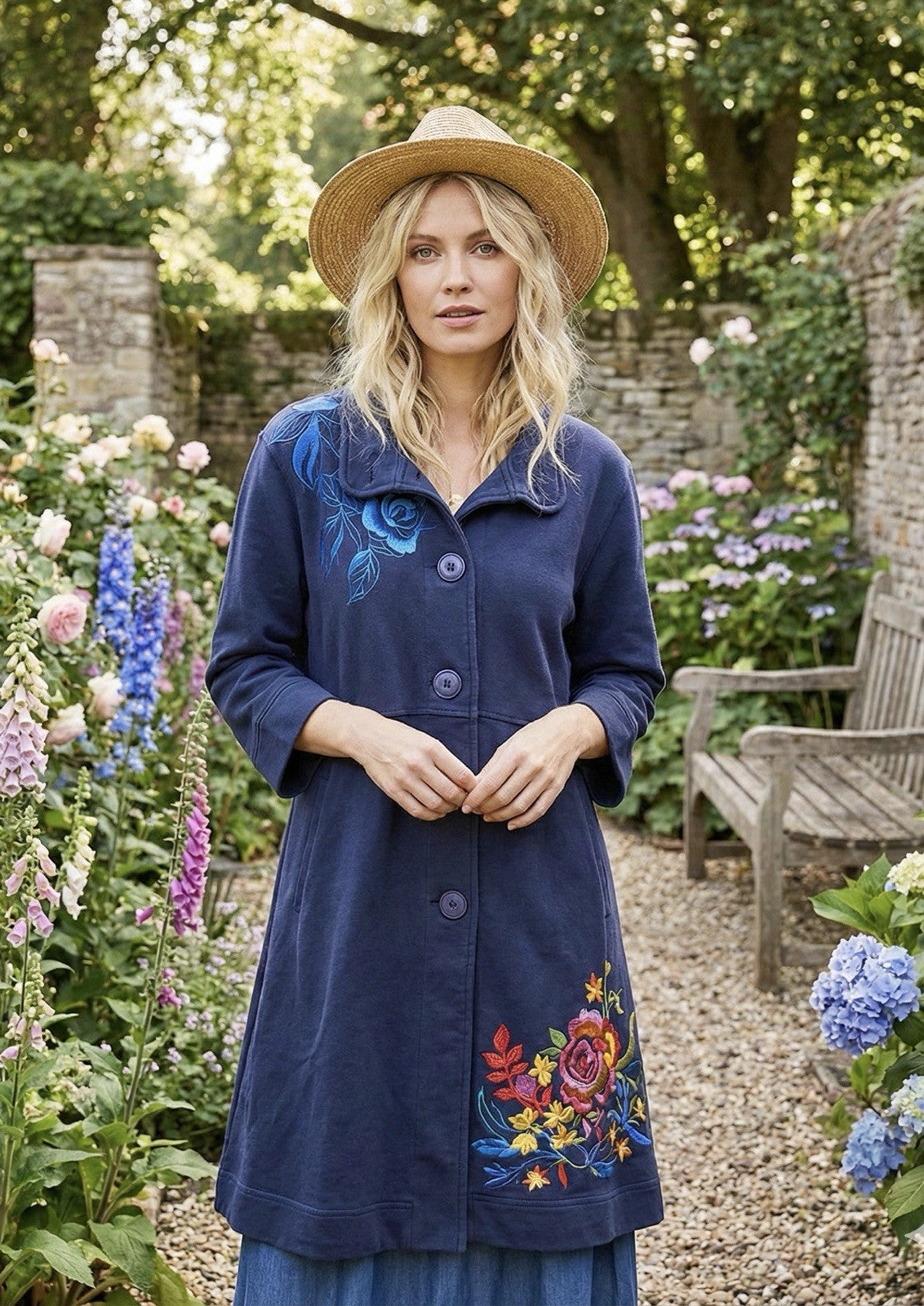 Johnny Was XL Blue Military Trench Coat Jacket Navy W/ Embroidery  Soft Johnny Was