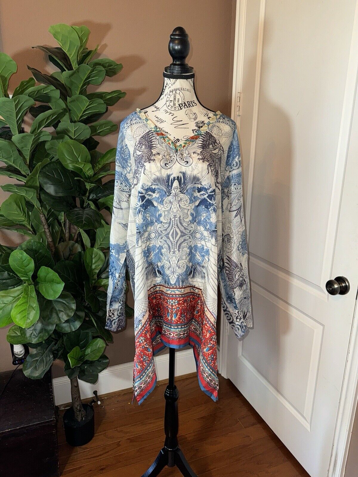 Johnny Was XL 1X 100% Silk Blue & White Tunic Top Blouse Mini Dress Kimono