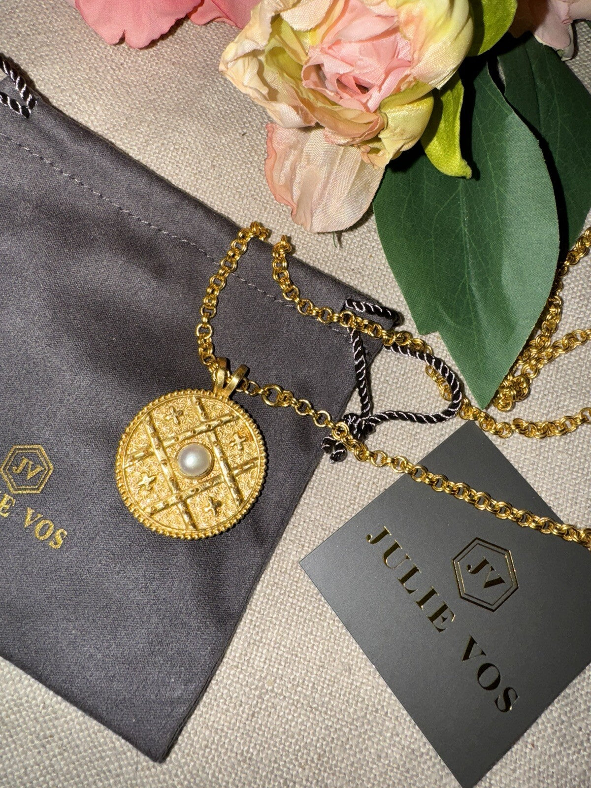 Julie Vos Coin Medallion REVERSIBLE PEARL Pendant Long Link Necklace RETIRED Julie Vos