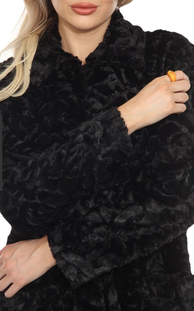 Johnny Was XL Black Rose Faux Fur Coat Jacket Wrap Silk Lining Pockets Johnny Was