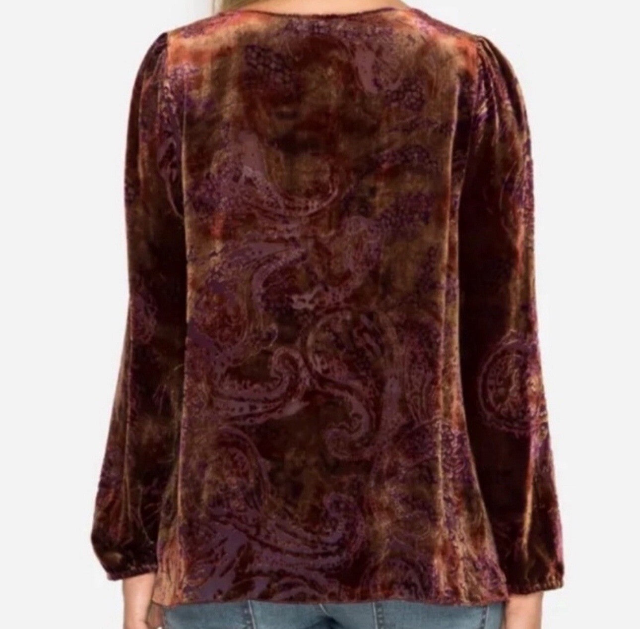 Johnny Was Sz XL Rust Red Burnout Velvet Tunic Top Peasant Blouse Keyhole Johnny Was