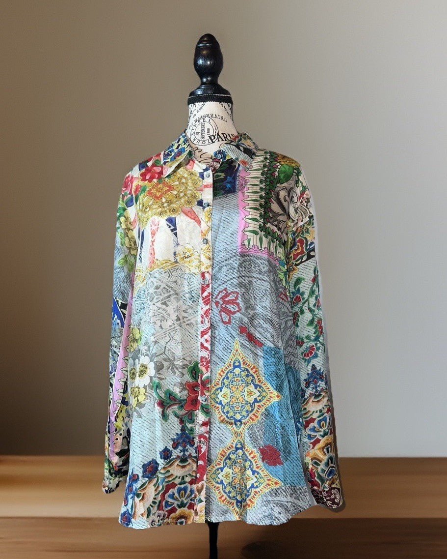 Johnny Was XL 100% Silk Button Up Blouse Long Sleeve Tunic Top Shirt Lightweight Johnny Was