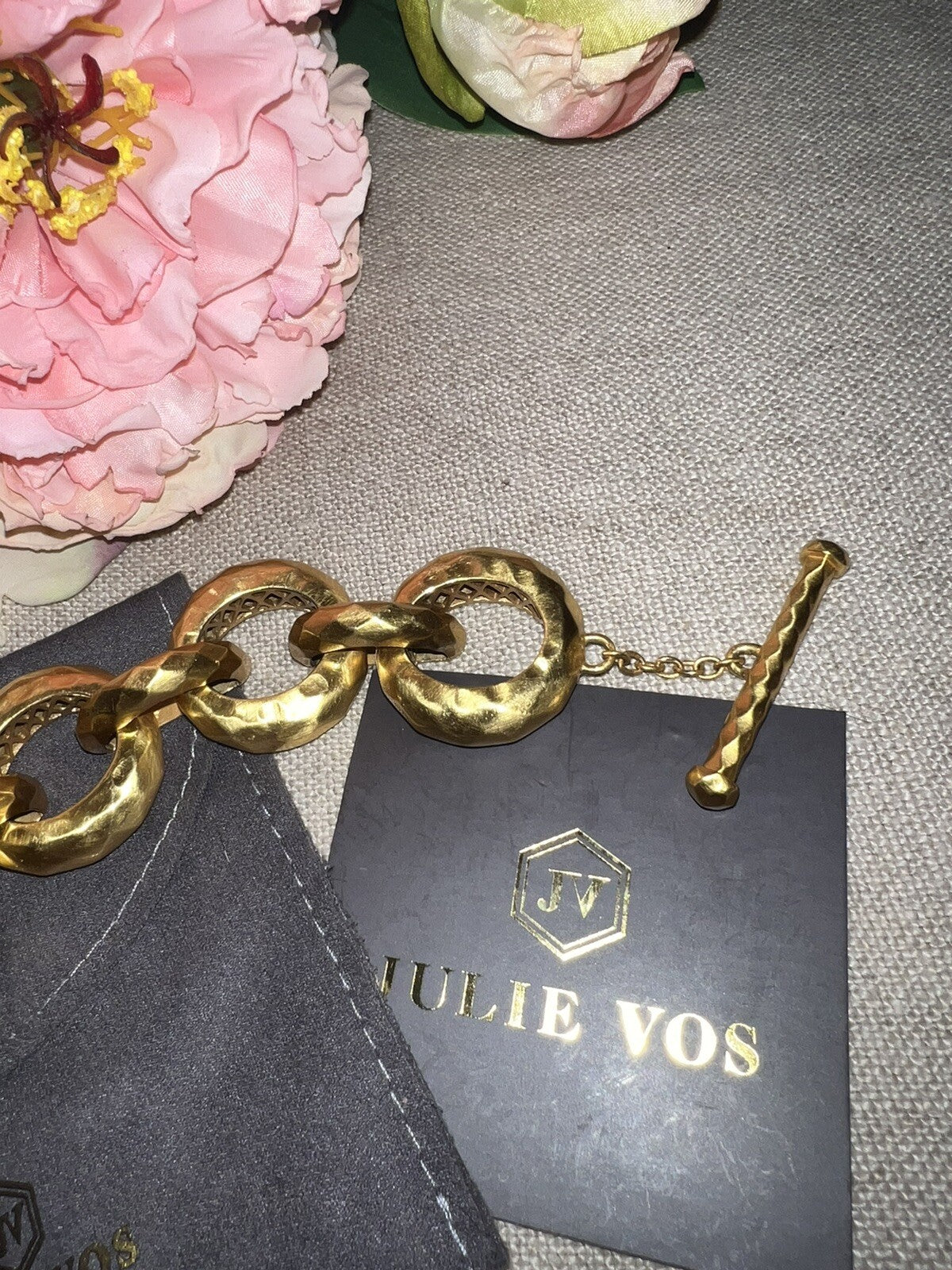 Julie Vos 9” Hammered Link Statement Bracelet Toggle Closure 24k Plated Julie Vos