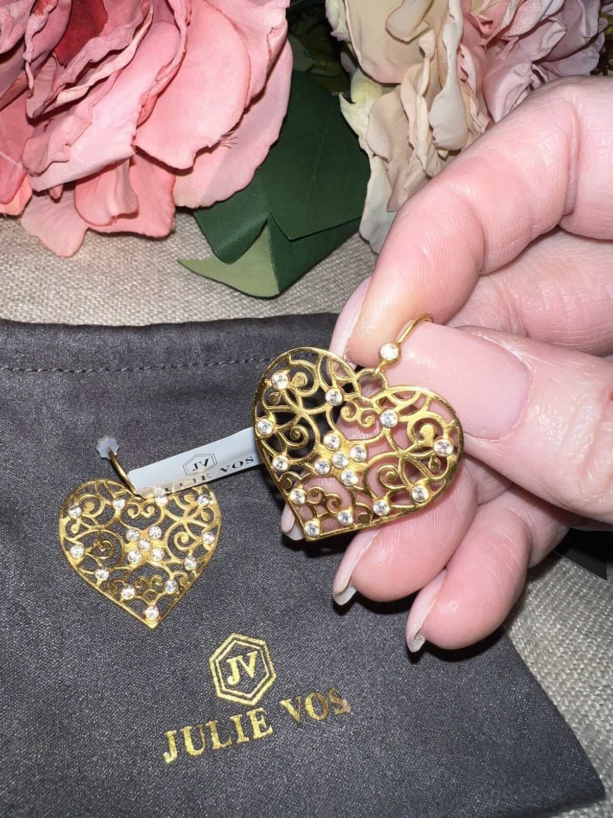 Julie Vos Heart Earrings CZ Embellished 24k Gold Plated Luxe statement Julie Vos